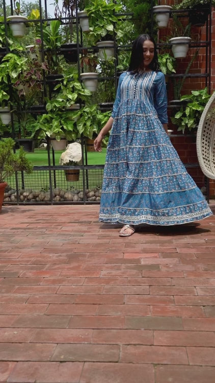 Blue Cotton Hand Block Bagru Printed Tiered Dress With Gotta Lace